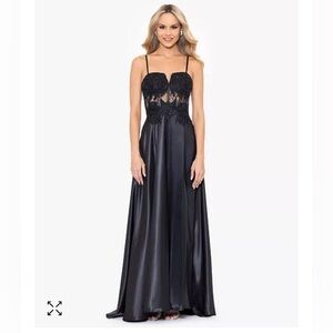 Black Blondie Nites Beaded  Illusion Lace Corset Satin Formal Dress Faux Wrap 13